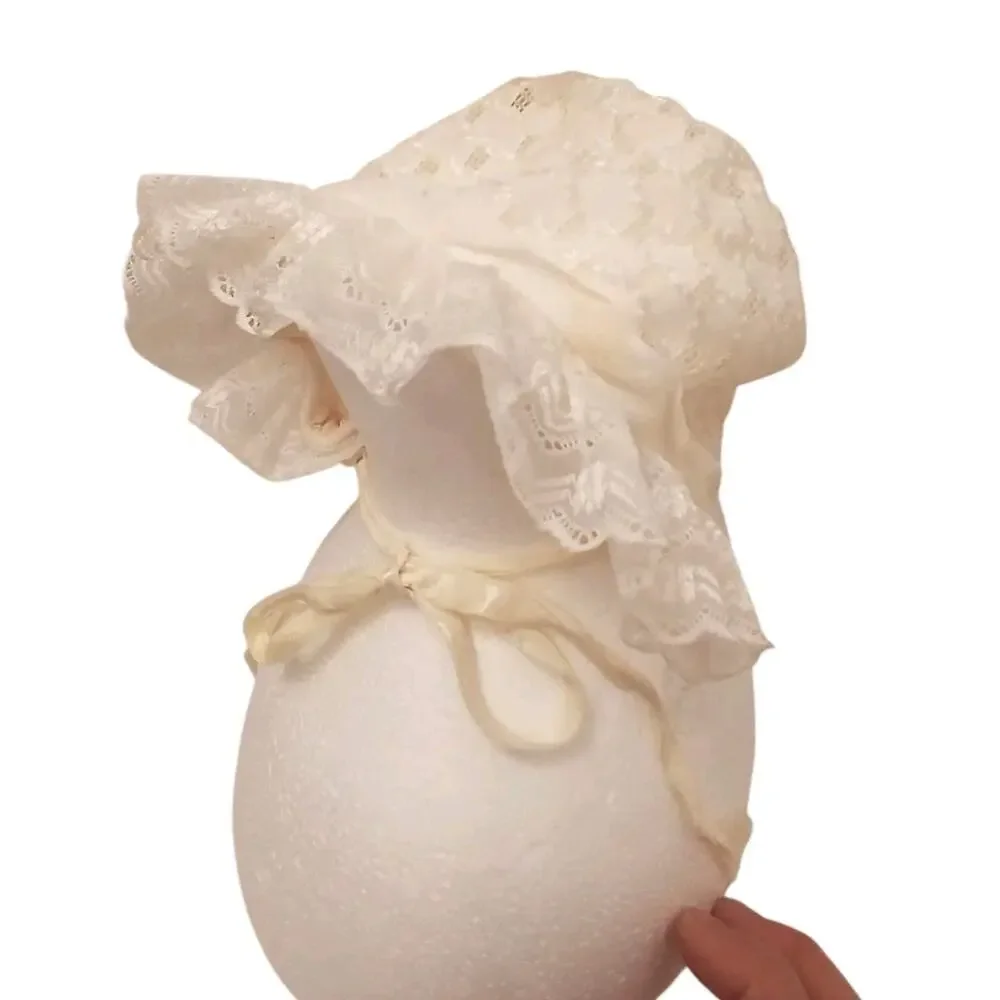 Antique Baby Bonnet Size Small Ivory Ruffled Lace Light Yellow Infant 0-2 Months